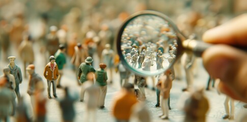 person holding a magnifying glass to the field of white people - obrazy, fototapety, plakaty
