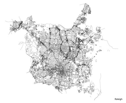 Raleigh city map with roads and streets, United States. Vector outline illustration.