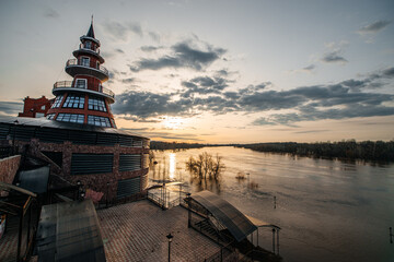 the flooded embankment of the Ural river in Orenburg during the flood