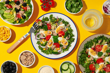 Salad with tuna on a yellow background.