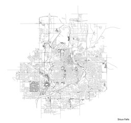 Sioux Falls city map with roads and streets, United States. Vector outline illustration.