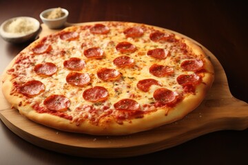 Pepperoni pizza, thin crispy dough, stretched cheese, pepperoni topping, sprinkled with oregano on a wooden tray. 