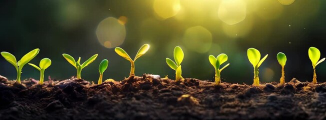 A row of green plants are growing in the dirt