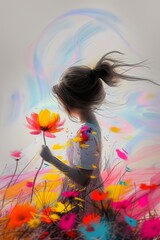 Obraz na płótnie Canvas sketch girl holding one single colorful flower in a huge colorful flower field neon watercolor