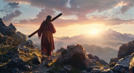 Light and clouds on a sunset hill and Jesus carrying the cross of suffering symbolizing death,...