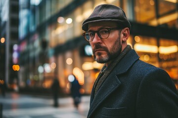 Portrait of a middle-aged bearded man in a hat and coat in the city.