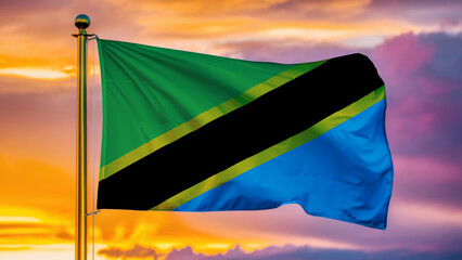 Tanzania Waving Flag Against a Cloudy Sky at Sunset.
