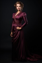 Fototapeta premium young Russian woman wearing gown for shoot and modeling on a dark background. Fictional Character Created by Generative AI.