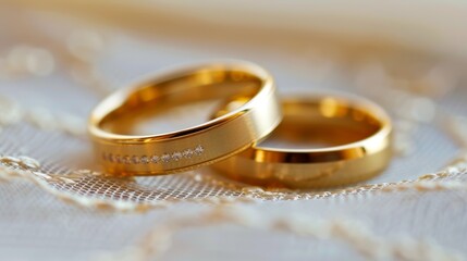 Two gold Wedding rings connected to each other on a blur background of a bride and a groom holding hands