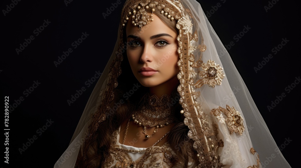 Wall mural beautiful indian bridal wearing wedding veil with traditional gold jewellery posing for a picture. f