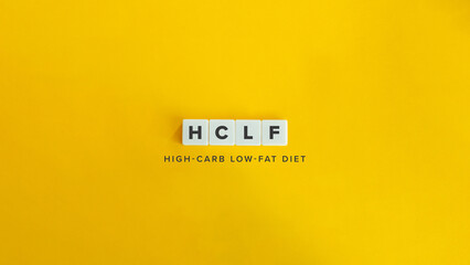 HCLF, High-carb Low-fat Vegan Diet Banner. Plant-based
Text on Block Letter Tiles and Icon on Flat Background. Minimalist Aesthetics.