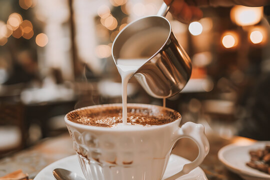 Person pouring milk or cream from metal stainless steel jug into a coffee white ceramic cup. Making hot steaming coffee. Coffee shop, restaurant, cafeteria. Thick Froth. Close-up view. Fresh beverage