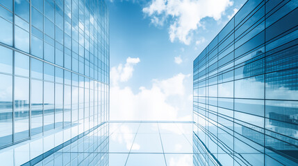 Fototapeta na wymiar Transparent abstract modern office buildings glass wall background, blue sky reflecting exteriors