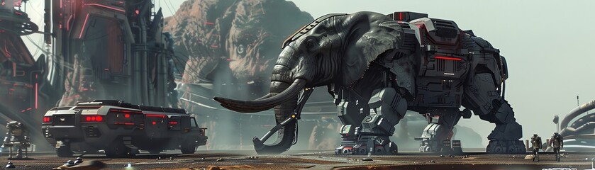 Show a cyberenhanced elephant heavy lift cargo mech seamlessly working in a postclimate change habitat, seamlessly blending into the futuristic environment with intricate details and realistic texture - obrazy, fototapety, plakaty