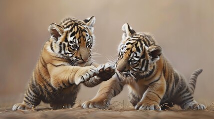 Two baby tiger cubs with striped fur tumbling around in a playful manner