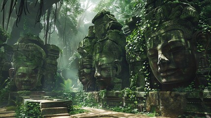 Surrounded by the ancient guardians of the lost temple, feel the weight of their silent presence as you explore