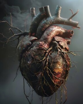 Artistic rendering of the human heart intertwined with dark vines of pollution, reflecting the health impacts of environmental neglect