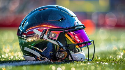 Closeup of an American football helmet on the field, with vibrant colors reflecting off its surface