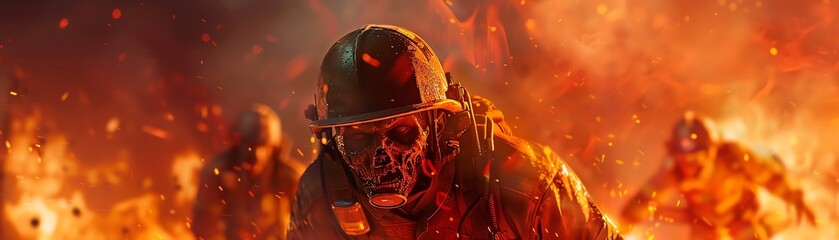 A firefighter zombie demonstrates bravery by battling flames amidst a raging fire scene - obrazy, fototapety, plakaty