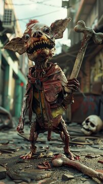 A 3D render of a zombie dog holding a zombie bosss bone in a postapocalyptic setting