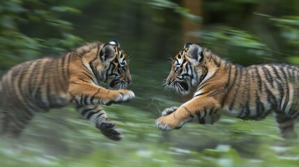 Obraz premium A pair of sibling tiger cubs with blurred motion as they interact in a playful pouncing manner