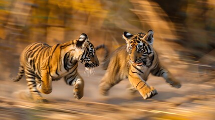 A pair of sibling tiger cubs with blurred motion as they interact in a playful pouncing manner