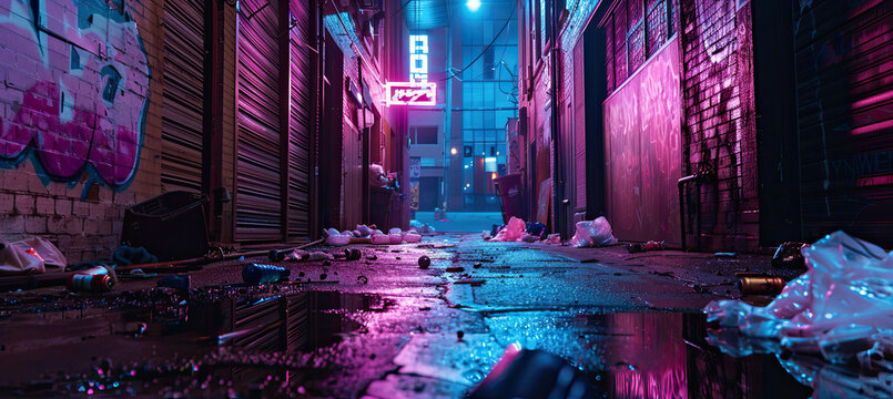 Alley with neon light garbage and graffiti at night