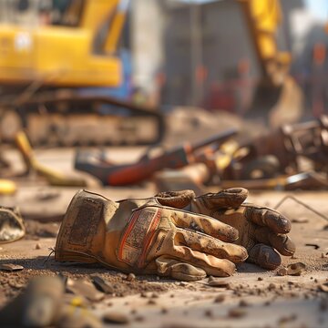 A pair of worn, weathered work gloves lying on a surface, surrounded by various pieces of construction equipment concept art
