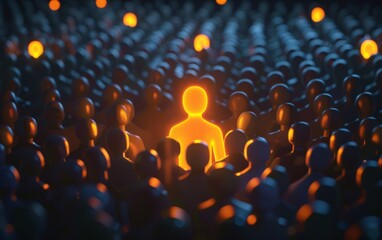 Be Standout 3D Concept, One Man Glowing Among Other People in Dark Condition