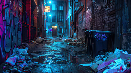 Alley with neon light garbage and graffiti at night