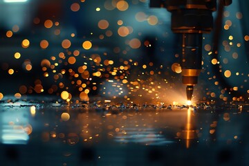 The subtle beauty of precision laser welding on battery tabs, with sparks illuminating the scene and laser equipment gently out of focus in the background - obrazy, fototapety, plakaty