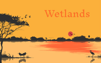 Sunset landscape wetlands beautiful scenery vector background tree river lake sun sky birds boat silhouette background illustration wallpaper - obrazy, fototapety, plakaty