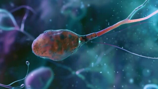 A microscopic photograph of a parasitic protozoan invading the cells of a human host. The appears as a single elongated cell with . AI generation.