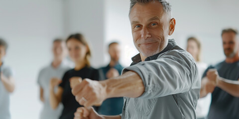 Teilnehmer lernen Kampfsporttechniken in einem Selbstverteidigungskurs