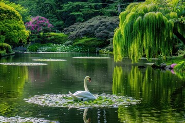 Elegant white swan on a calm lake grace and beauty