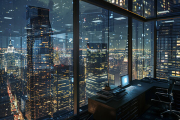 Fototapeta na wymiar Office inside a skyscraper overlooking the city