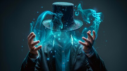 Magician in suit performing with mystical energy orbs and cosmic dust against a dark backdrop - obrazy, fototapety, plakaty