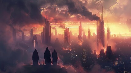 Silhouettes against a dystopian skyline, evoking themes of contemplation and future urban development