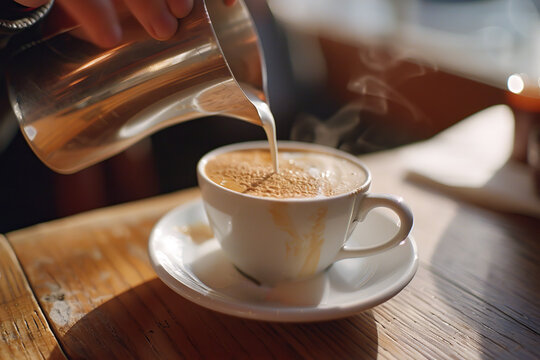 Person pouring milk or cream from metal stainless steel jug into a coffee white ceramic cup. Making hot steaming coffee. Coffee shop, restaurant, cafeteria. Thick Froth. Close-up view. Fresh beverage