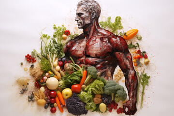 raw fresh fruits and vegetables for healthy food eating and diet nutrition. Sporty athletic muscular male body