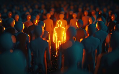 Be Standout 3D Concept, One Man Glowing Among Other People in Dark Condition - obrazy, fototapety, plakaty