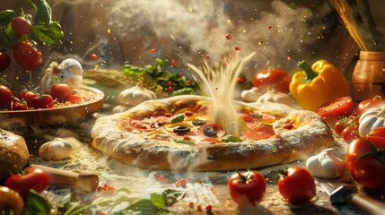 A digital painting captures the art of pizza spinning, dough soaring against a backdrop of colorful Italian ingredients.