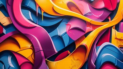 Abstract graffiti murals overlapping and intertwining, creating a tapestry of colors and shapes...