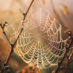 A beautiful and delicate spider web covered in morning dew.