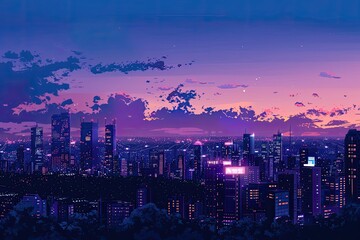 Obraz premium A beautiful pixel art illustration of a cityscape at night. The sky is a gradient of purple and blue, and the city is lit up by the lights of the buildings and streetlights.