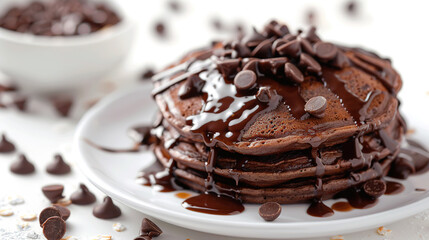 minimal style of chocolate pancakes, lwhite background , with empty copy space