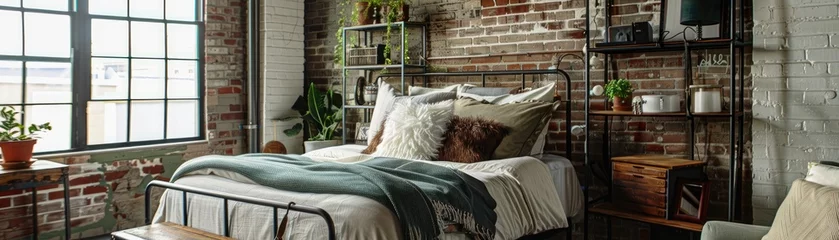 Foto op Canvas A chic urban loft bed with exposed brick walls and industrial-style metal frame © AI Farm