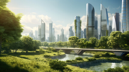 Urban Oasis: Future Metropolis with Lush Park - obrazy, fototapety, plakaty