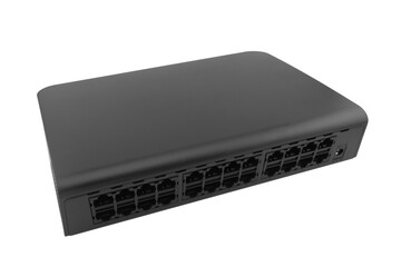 Networking ethernet 24 port switch isolated on white background. Ethernet hub, active hub, network hub, repeater hub, multiport repeater 24 ports with uplink port