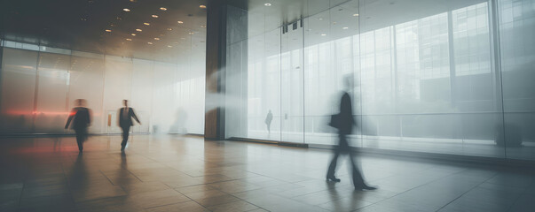 Obraz premium Blurry Silhouettes of People in Sleek Corporate Lobby